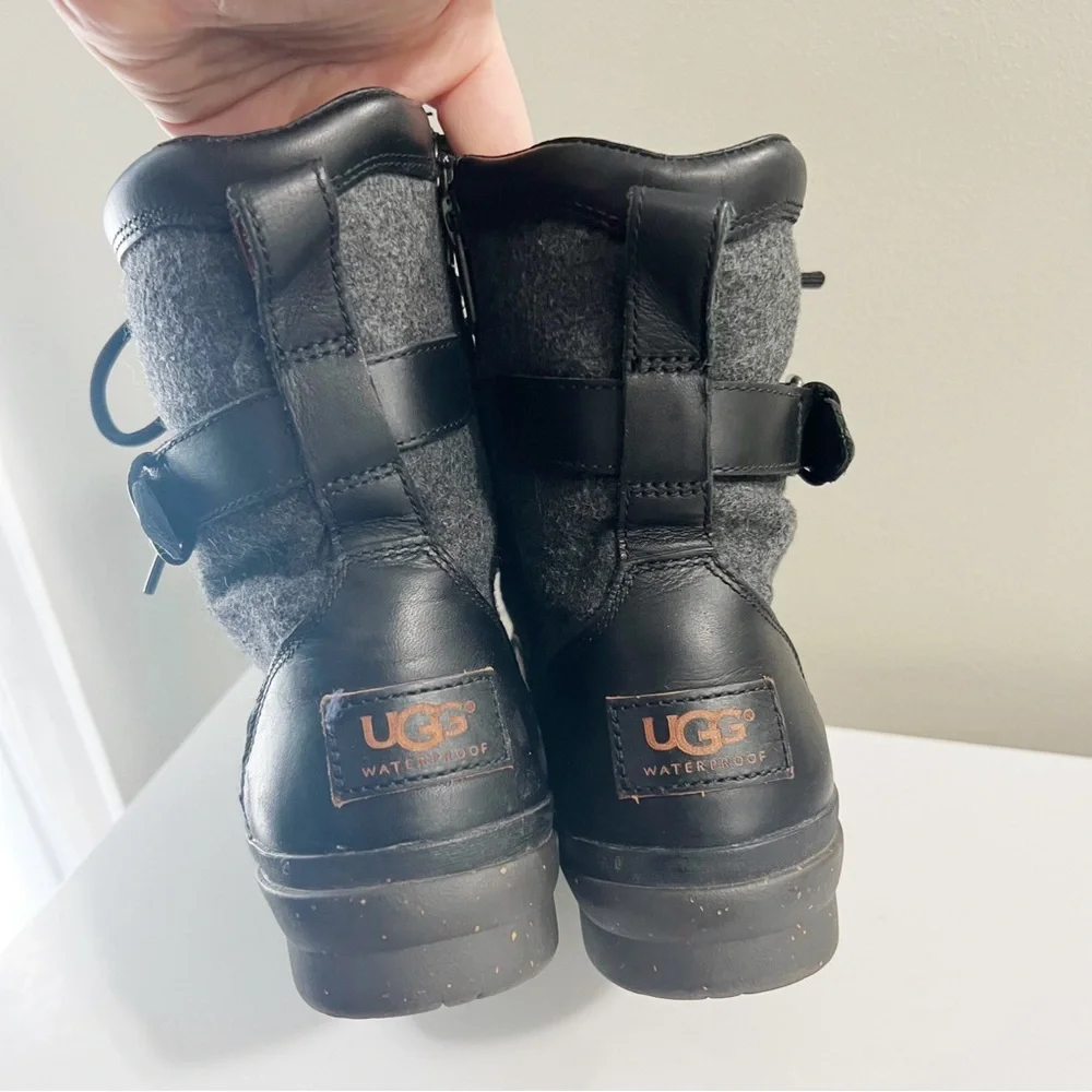 Ugg Kesey Waterproof Leather Black Boots Size 7 Wool Lining